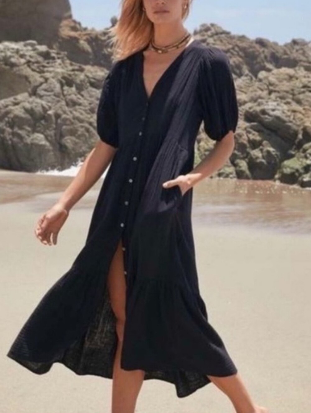 XIRENA LENNOX DRESS BLACK COTTON MIDI DRESS M
